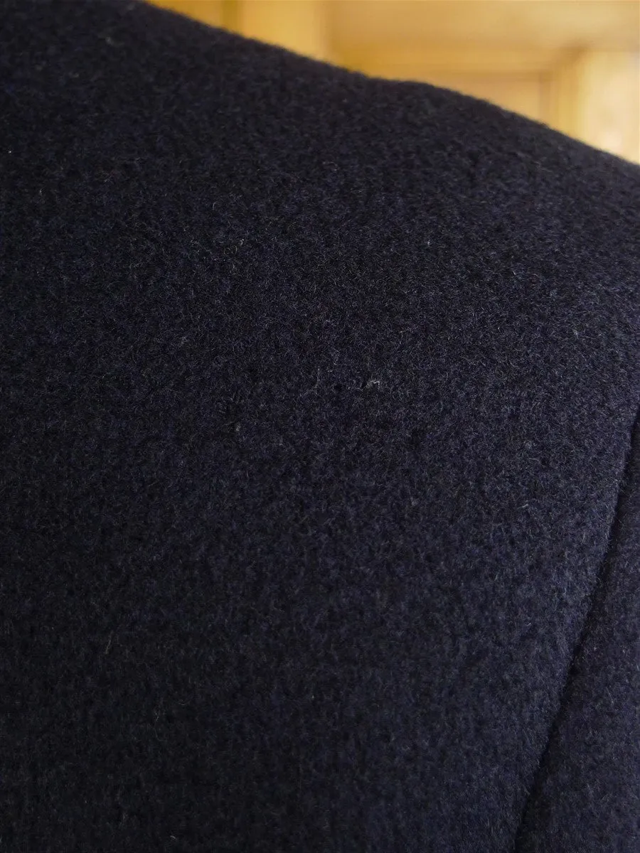 24/0968 stunning vintage bespoke tailored crombie wool & cashmere navy blue overcoat w/ silk velvet collar 38-39 short