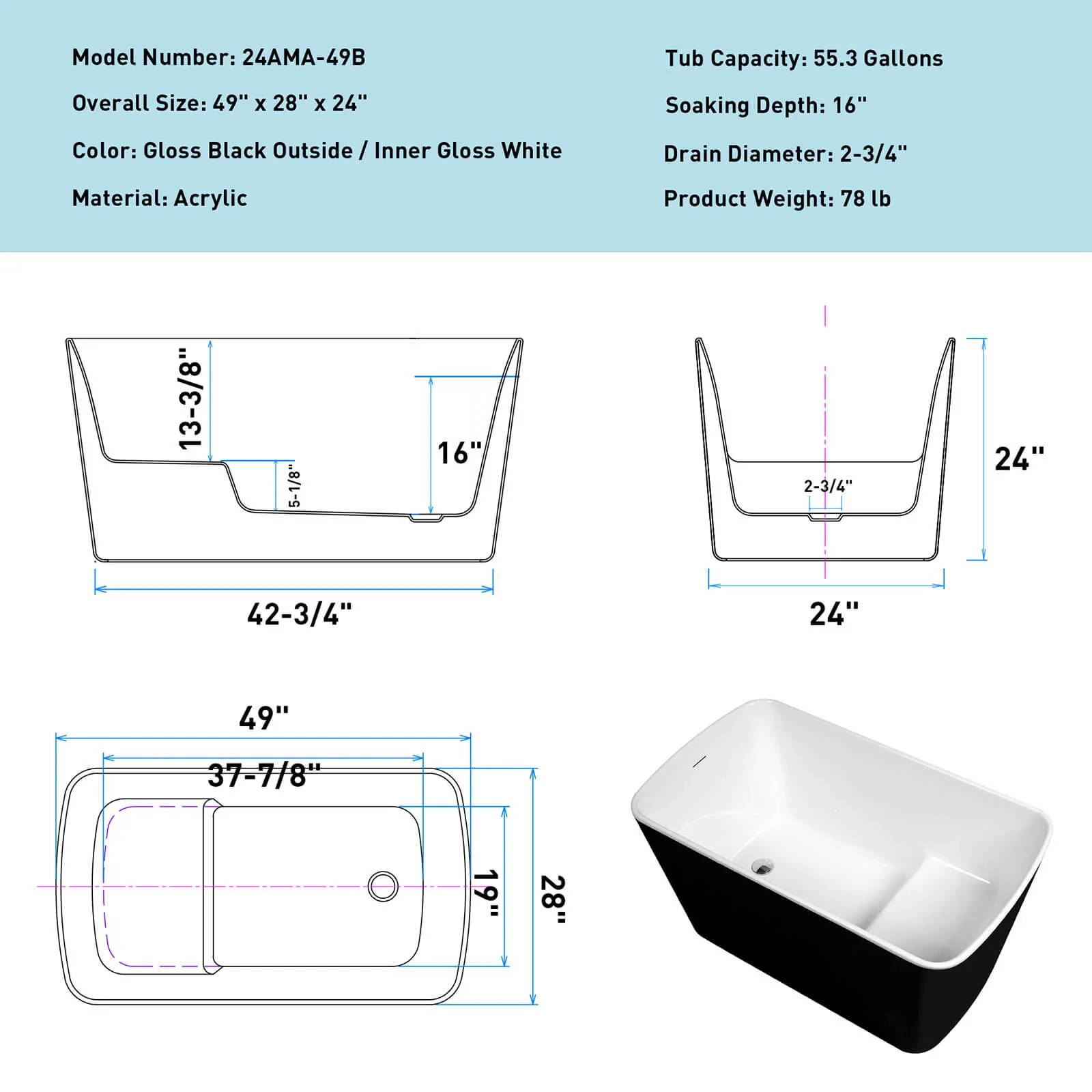 49" Small Size Sit-In Soaking Tub