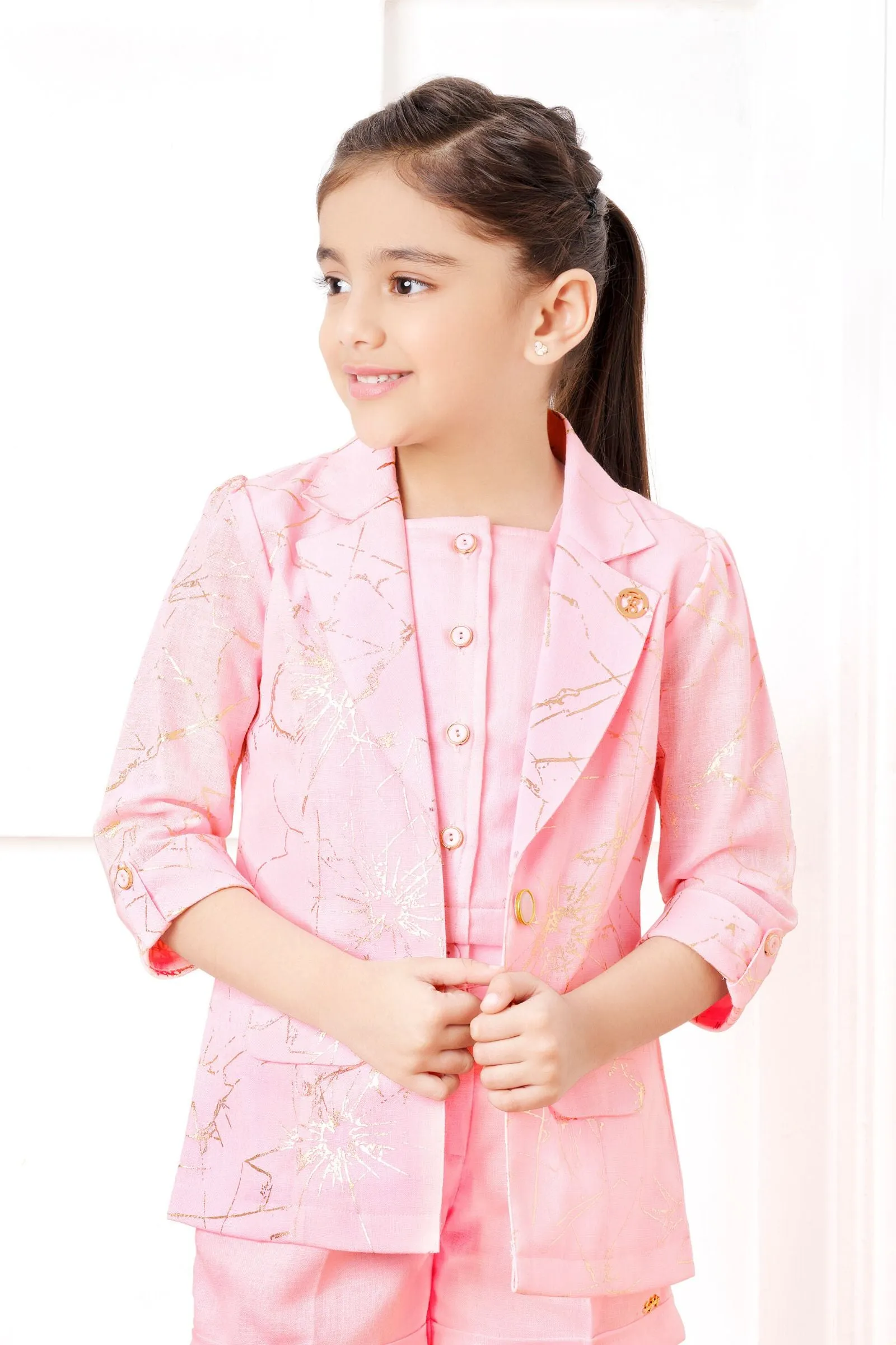 Baby Pink Overcoat Styled with Shorts Co-ord Set for Girls