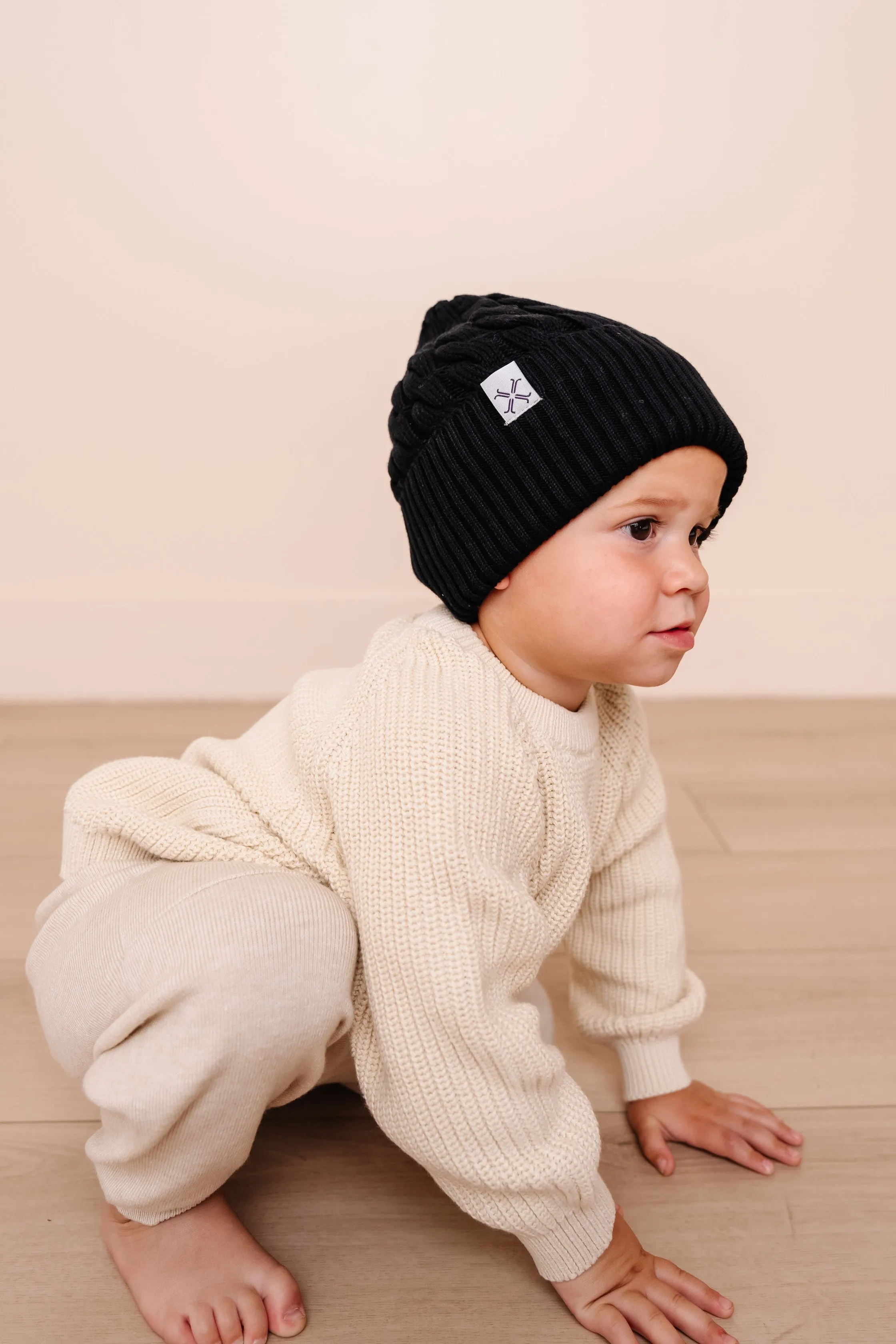 beanie cable knit cuffed  - black