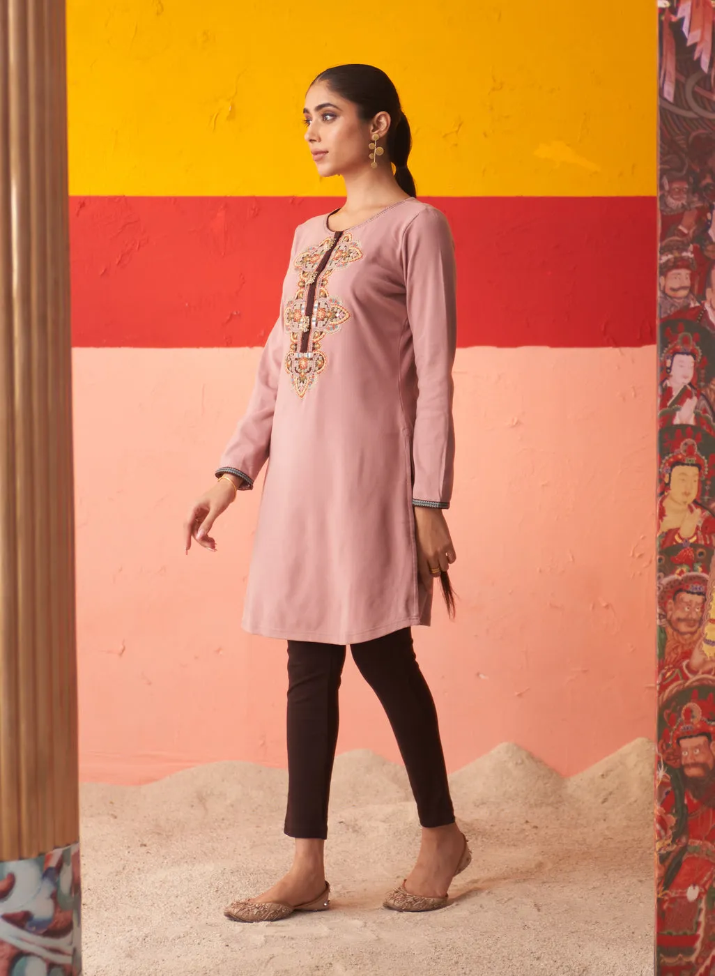 Beige Thread Work Woollen Kurti for Women with Brooch