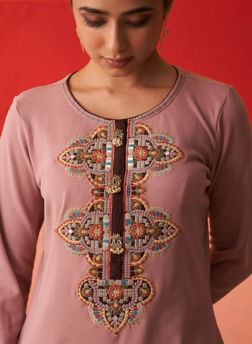 Beige Thread Work Woollen Kurti for Women with Brooch