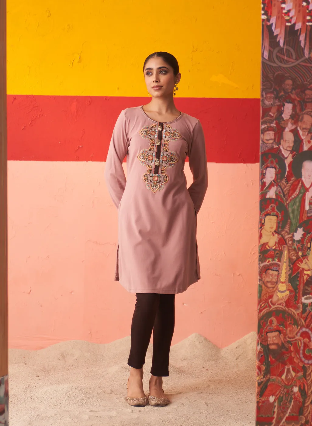 Beige Thread Work Woollen Kurti for Women with Brooch