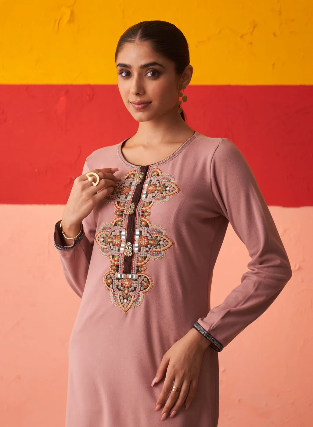 Beige Thread Work Woollen Kurti for Women with Brooch