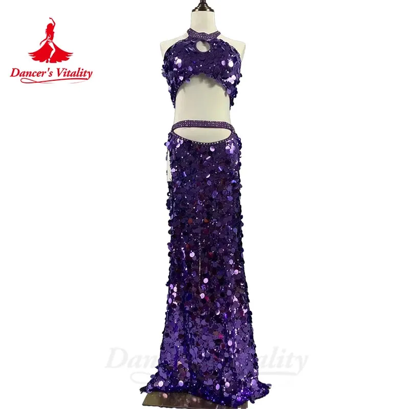 Belly Dance Costume for Women Customsized Big Sequins Top split Long Skirt 2pcs Customsize Adult Child Oriental Professional Set