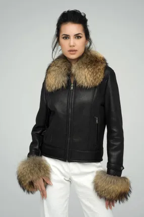 Black Sheepskin Jacket with Raccoon Fur Collar and Cuffs