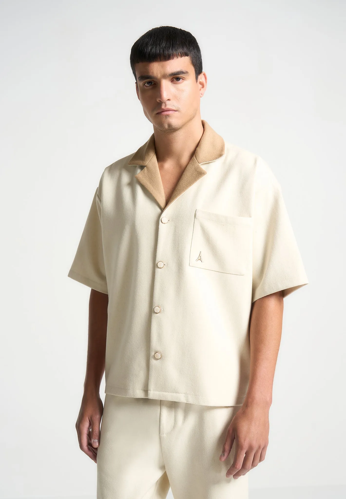 Boxy Wool Revere Shirt - Cream/Brown