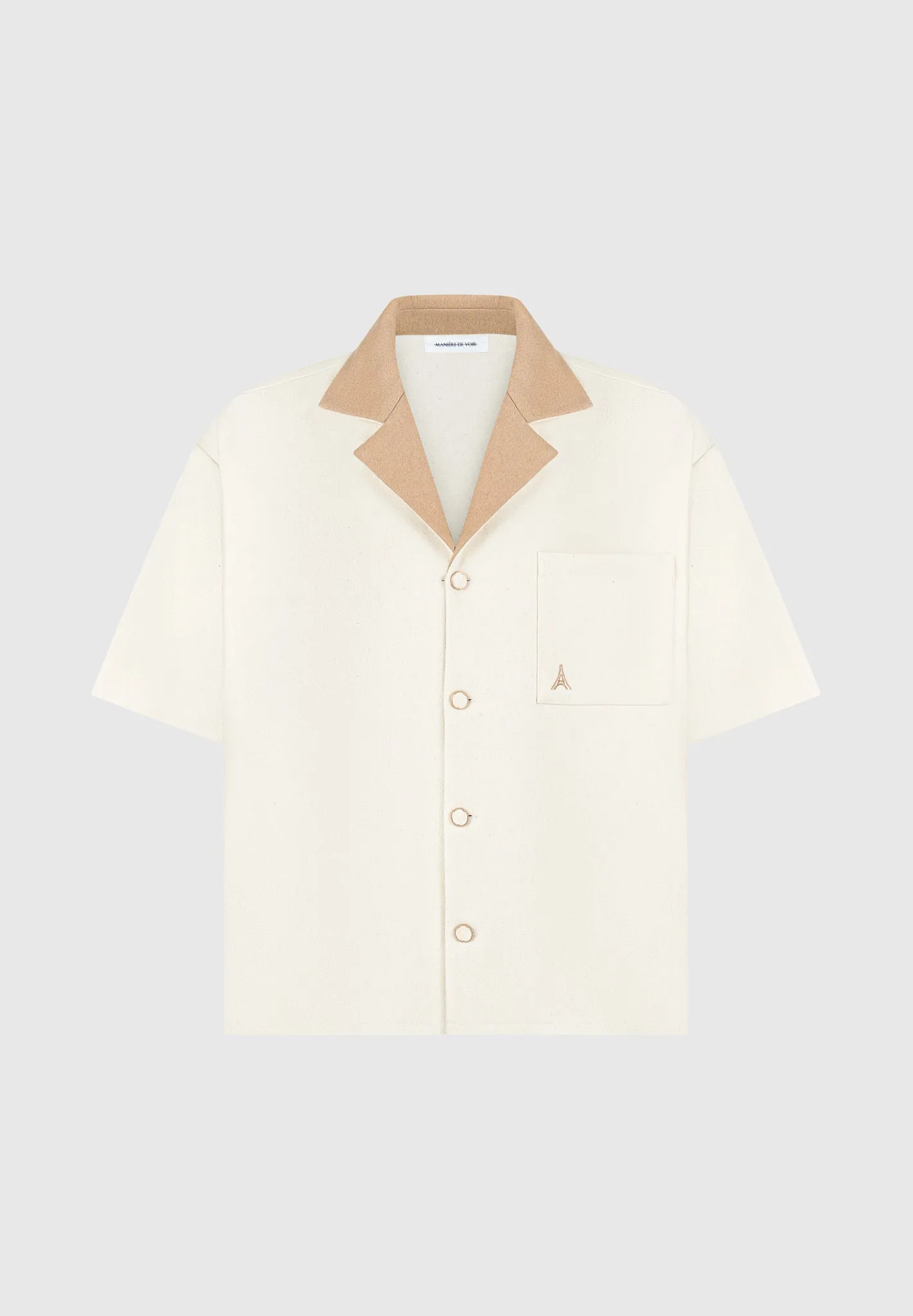 Boxy Wool Revere Shirt - Cream/Brown