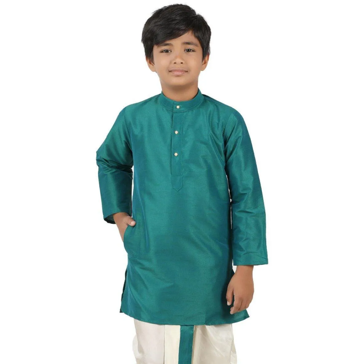 Boys Slub Kurta Panchakacham Set Dark Turquoise