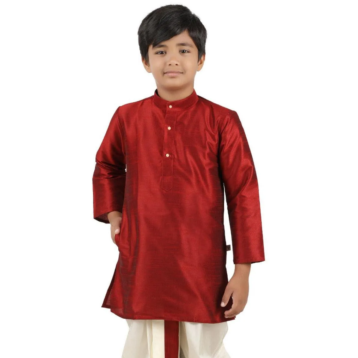 Boys Slub Kurta Panchakacham Set Maroon