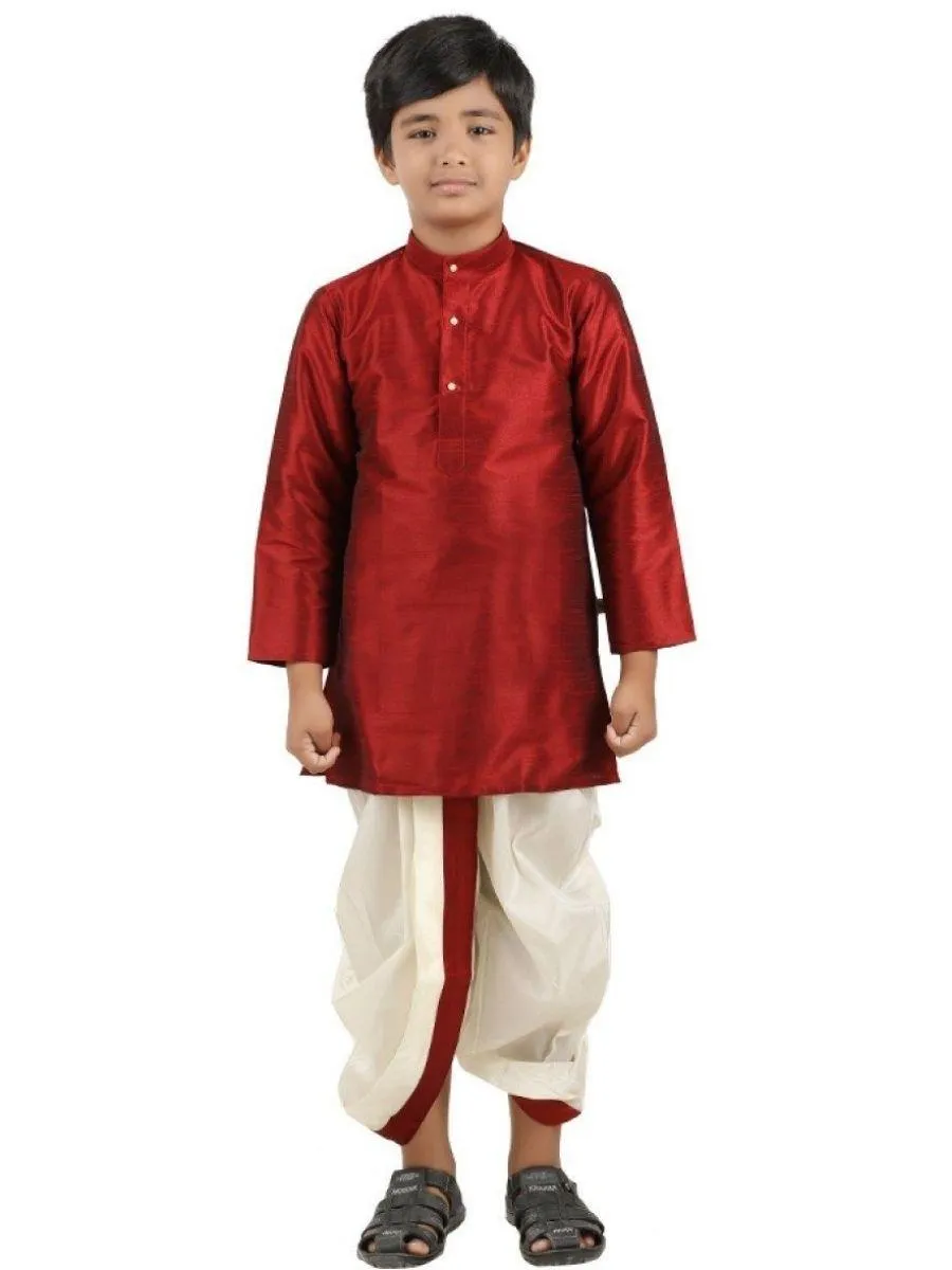 Boys Slub Kurta Panchakacham Set Maroon