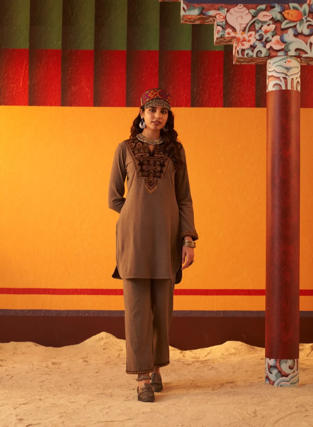 Brown Embroidered Woollen Kurta Set