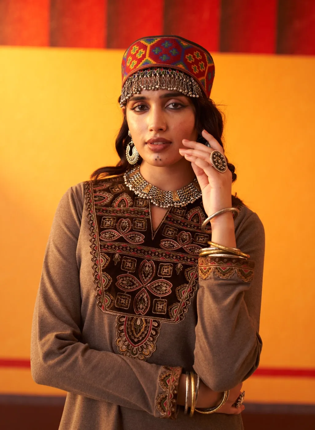 Brown Embroidered Woollen Kurta Set