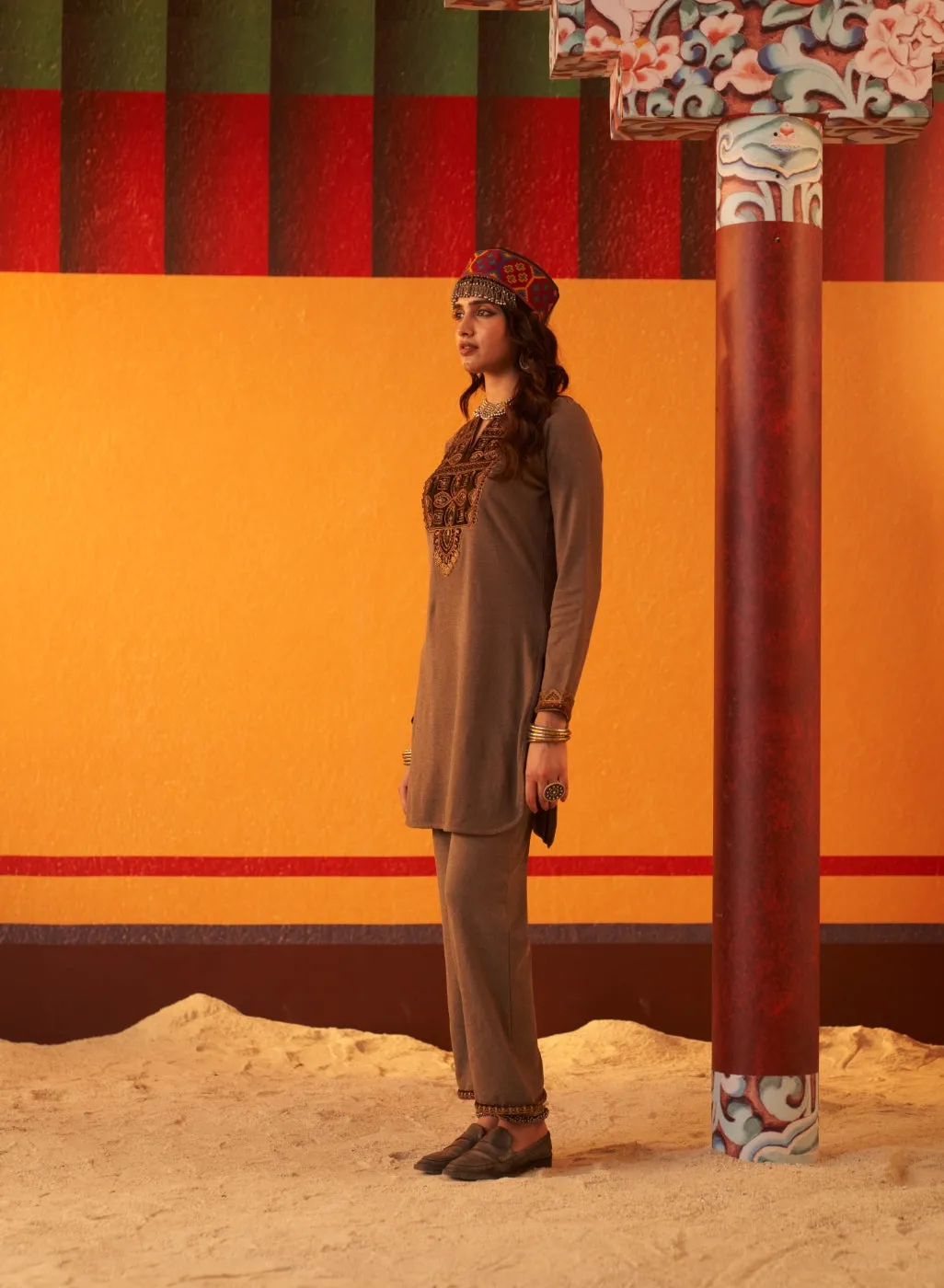 Brown Embroidered Woollen Kurta Set