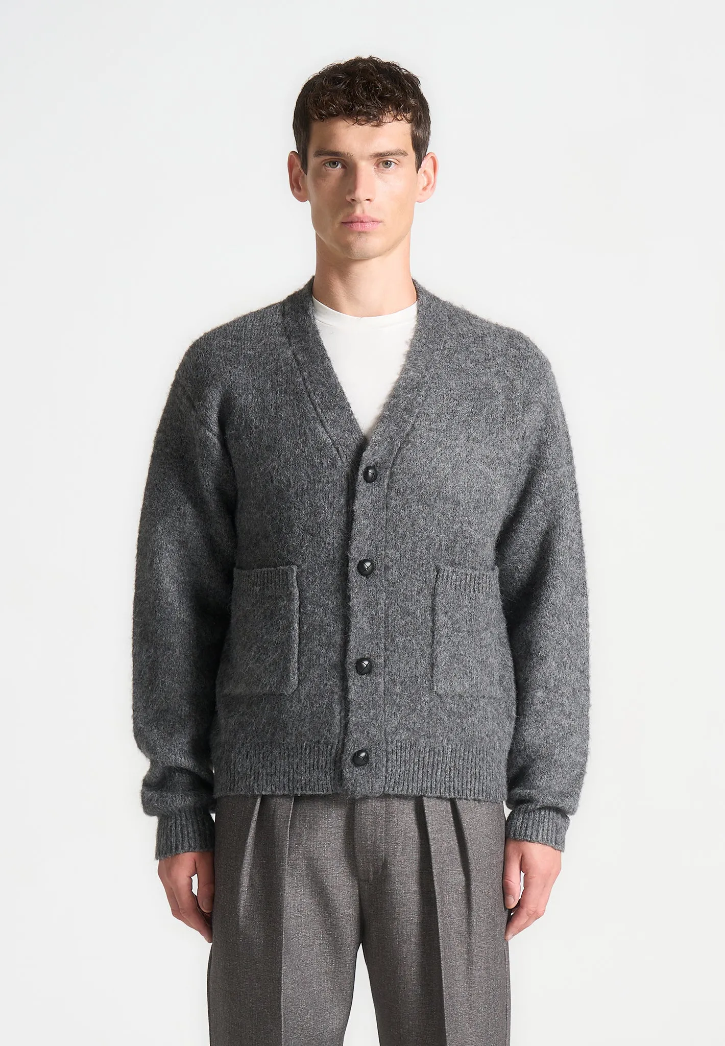 Brushed Wool Knit Cardigan - Grey