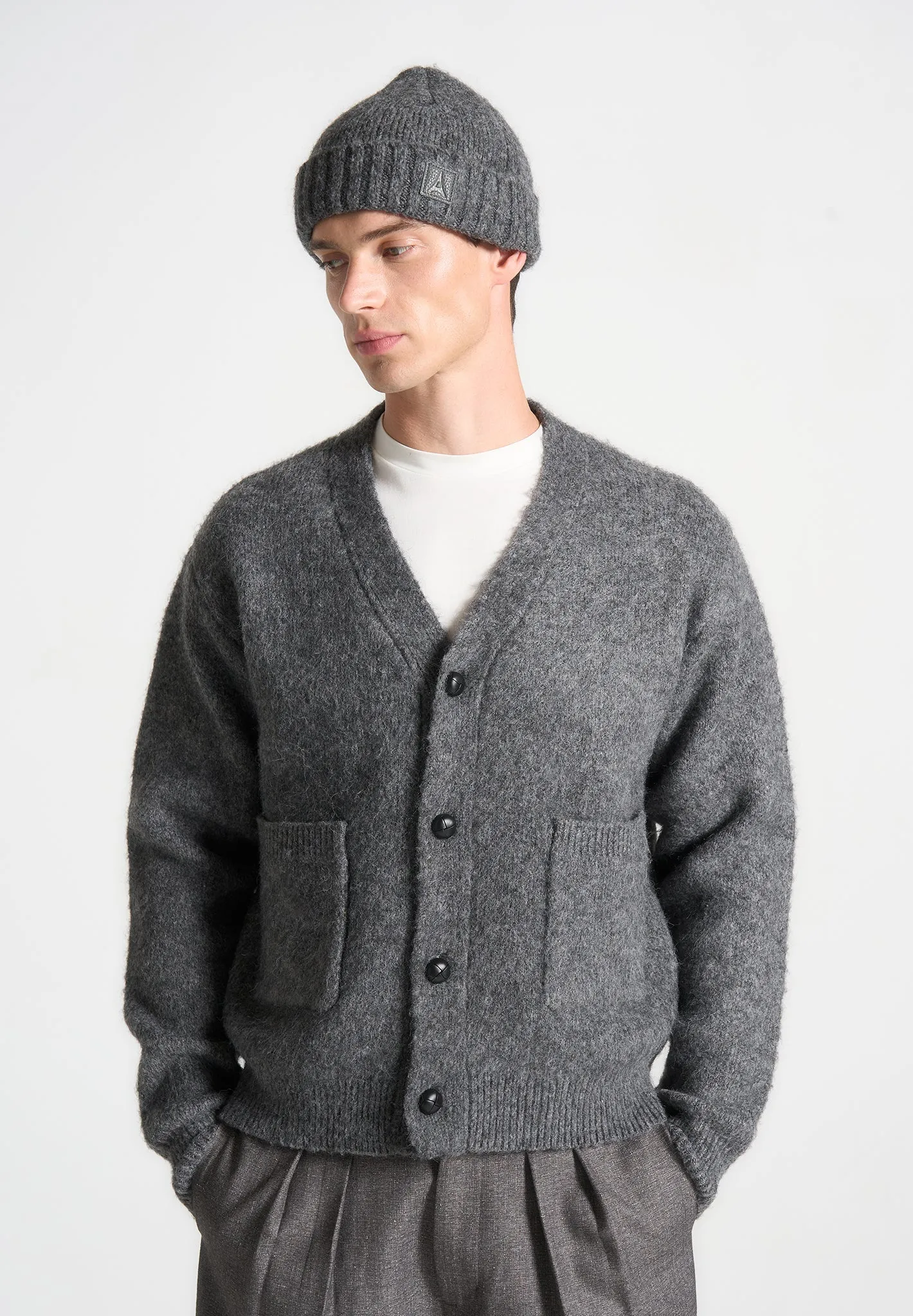 Brushed Wool Knit Cardigan - Grey