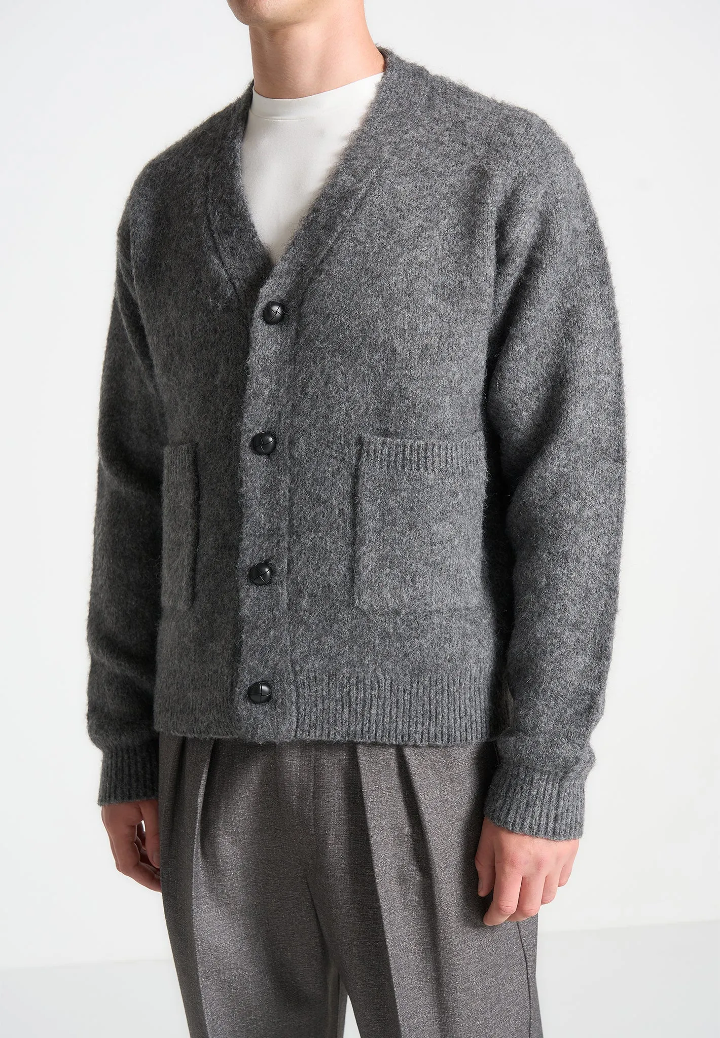 Brushed Wool Knit Cardigan - Grey