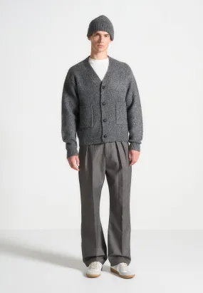 Brushed Wool Knit Cardigan - Grey