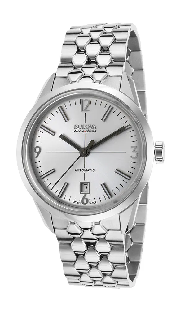 Bulova Accu-Swiss Murren Automatic Stainless Steel Mens Watch Silver Dial Date 63B177