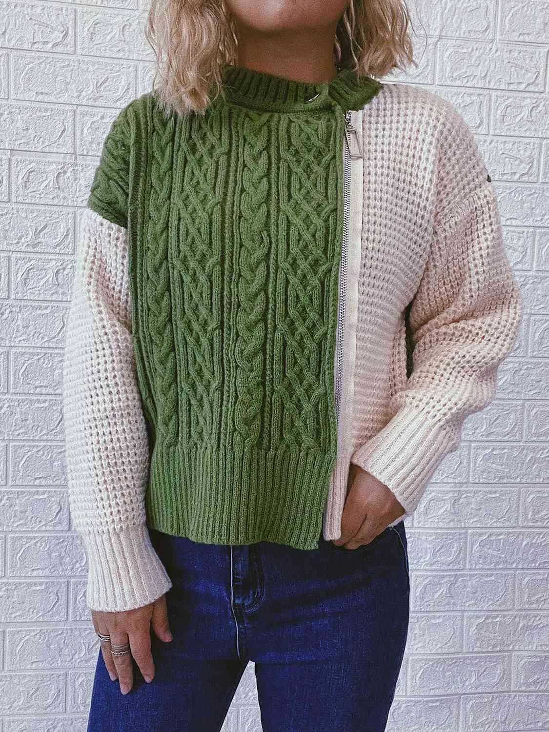 Cable-Knit Contrast Zip-Up Cardigan