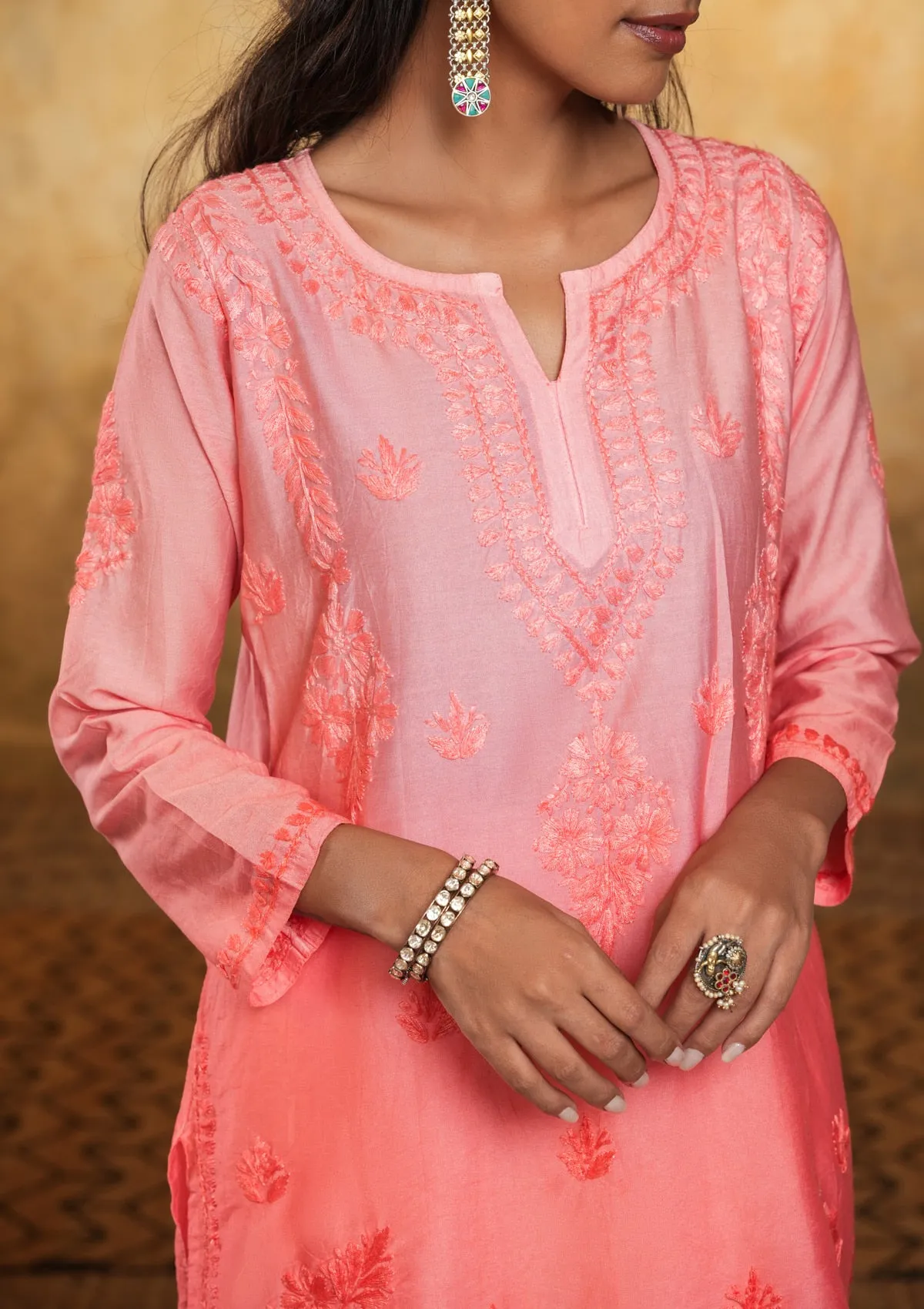 Chanderi Chikankari Solid Women's Short Kurta - Peach