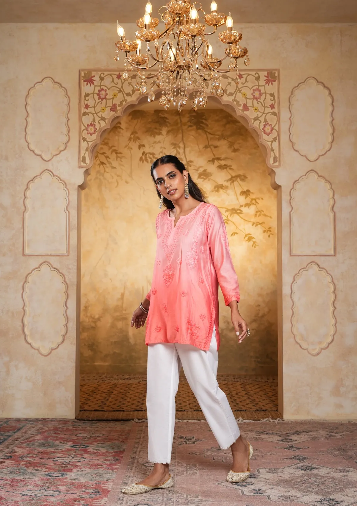 Chanderi Chikankari Solid Women's Short Kurta - Peach