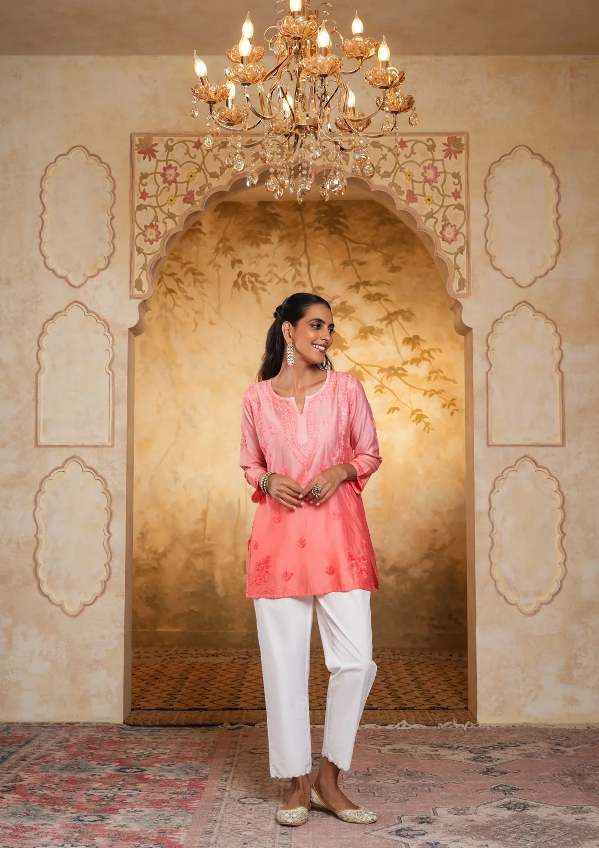 Chanderi Chikankari Solid Women's Short Kurta - Peach