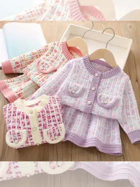 Charming Knit Pocket-Detail Girls' Jacket and Skirt Set