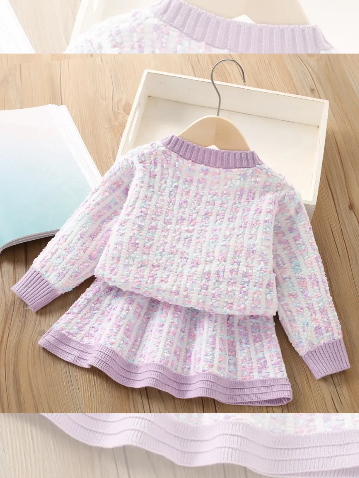 Charming Knit Pocket-Detail Girls' Jacket and Skirt Set