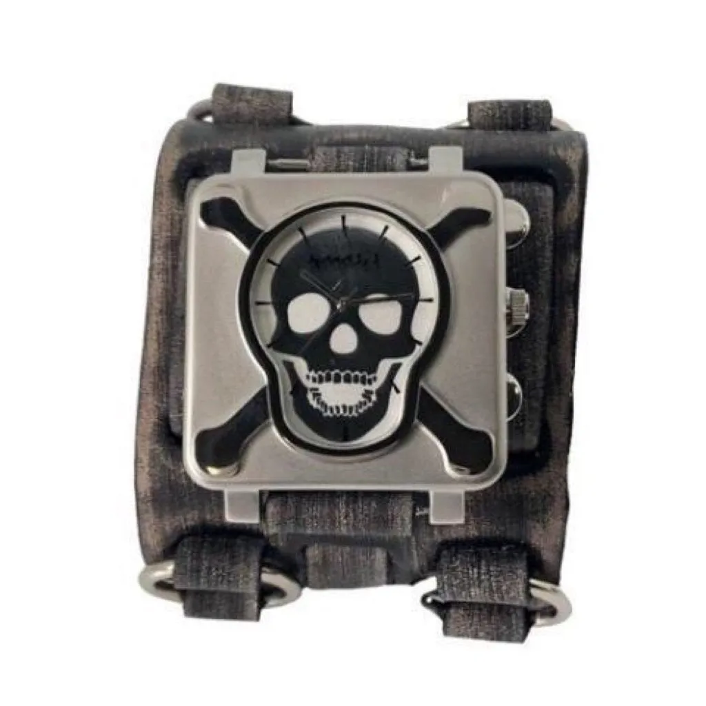 Cross Bones Skull Black Watch with Distressed Charcoal Leather Triple Strap Cuff VWB930S