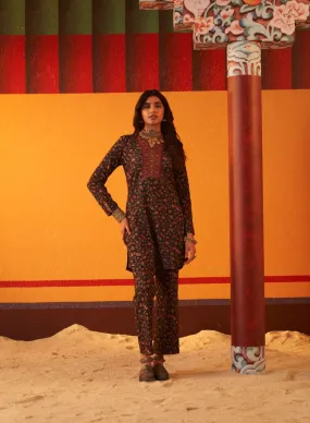 Dark Purple Printed Woollen Kurta Set for Women with Sequin Work