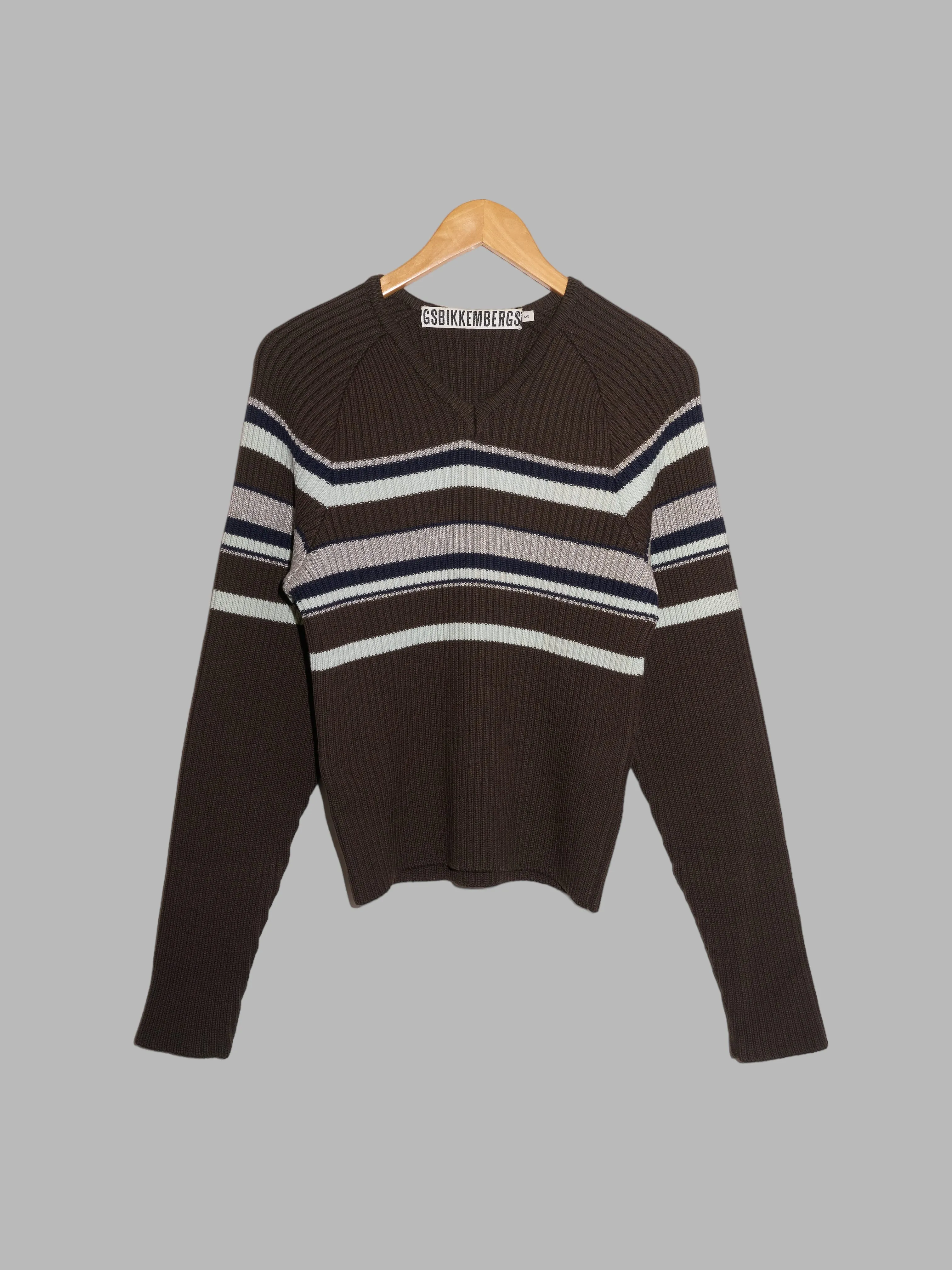 Dirk Bikkembergs brown wool rib knit striped v-neck jumper - S