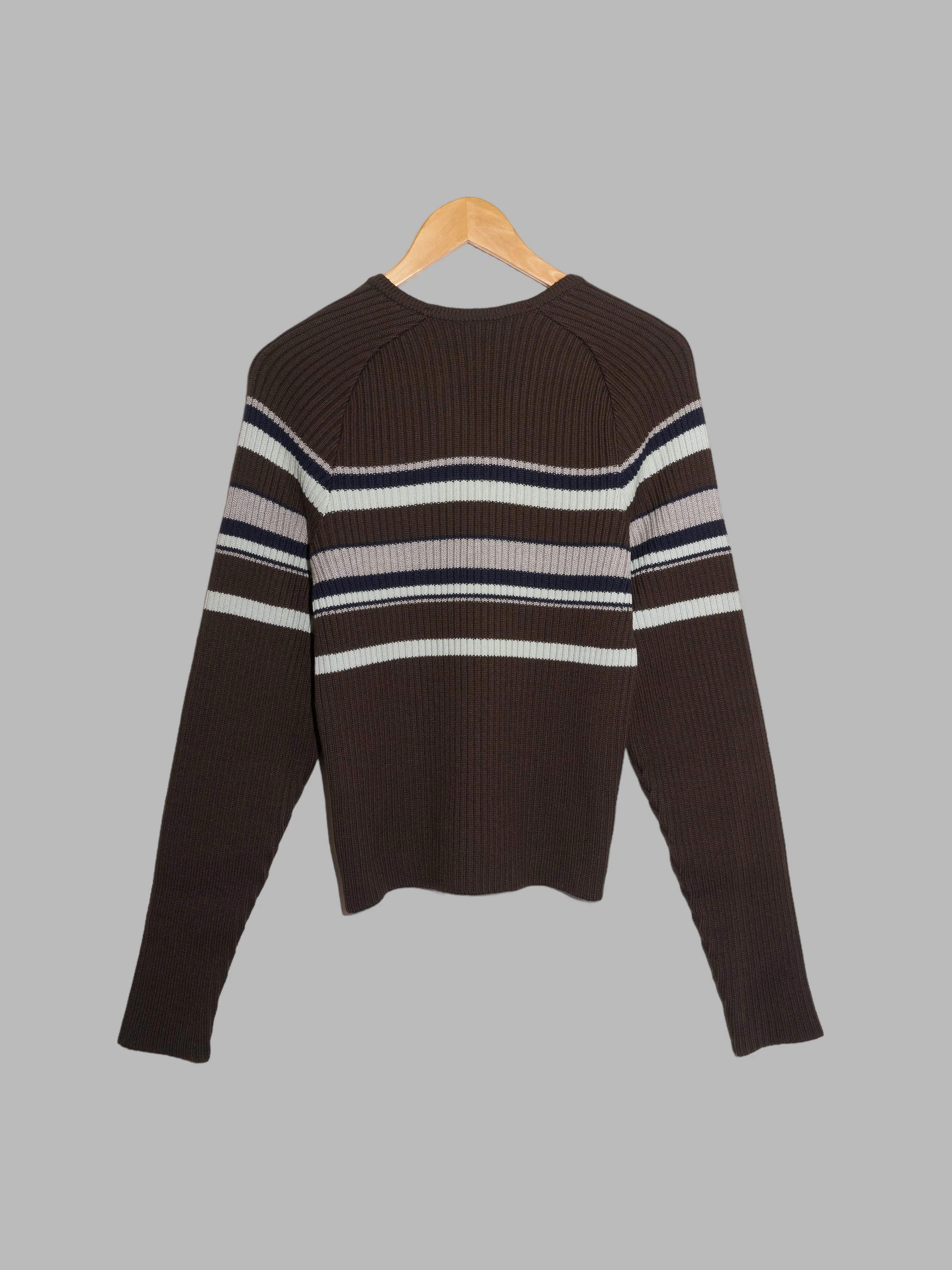 Dirk Bikkembergs brown wool rib knit striped v-neck jumper - S