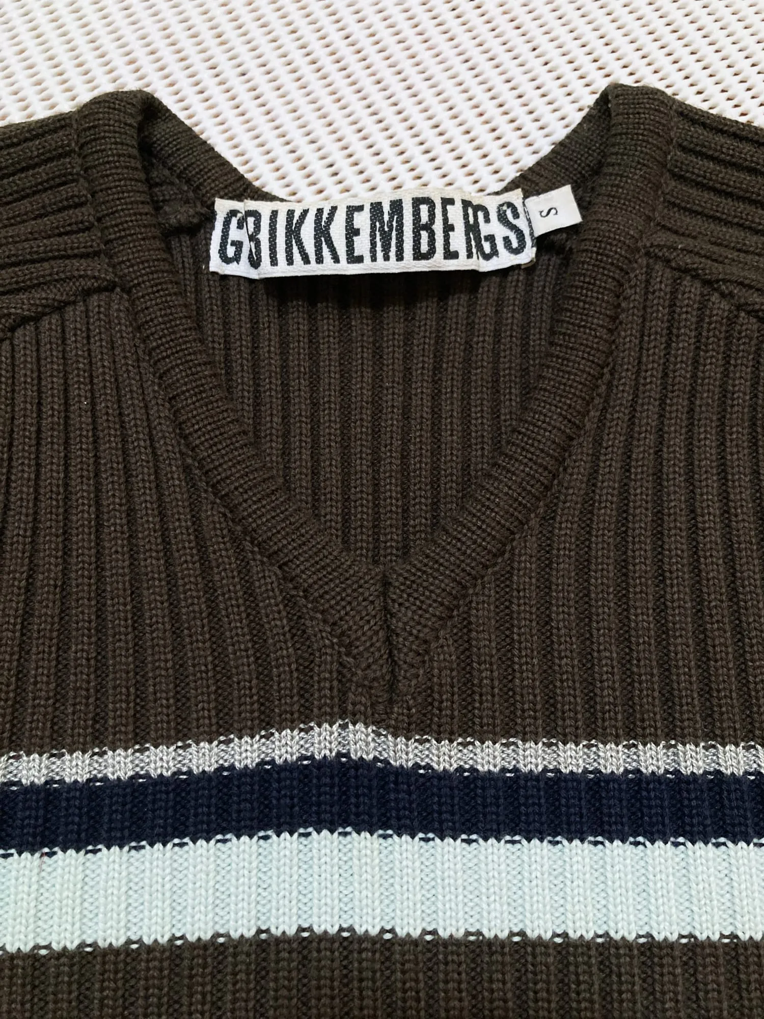 Dirk Bikkembergs brown wool rib knit striped v-neck jumper - S