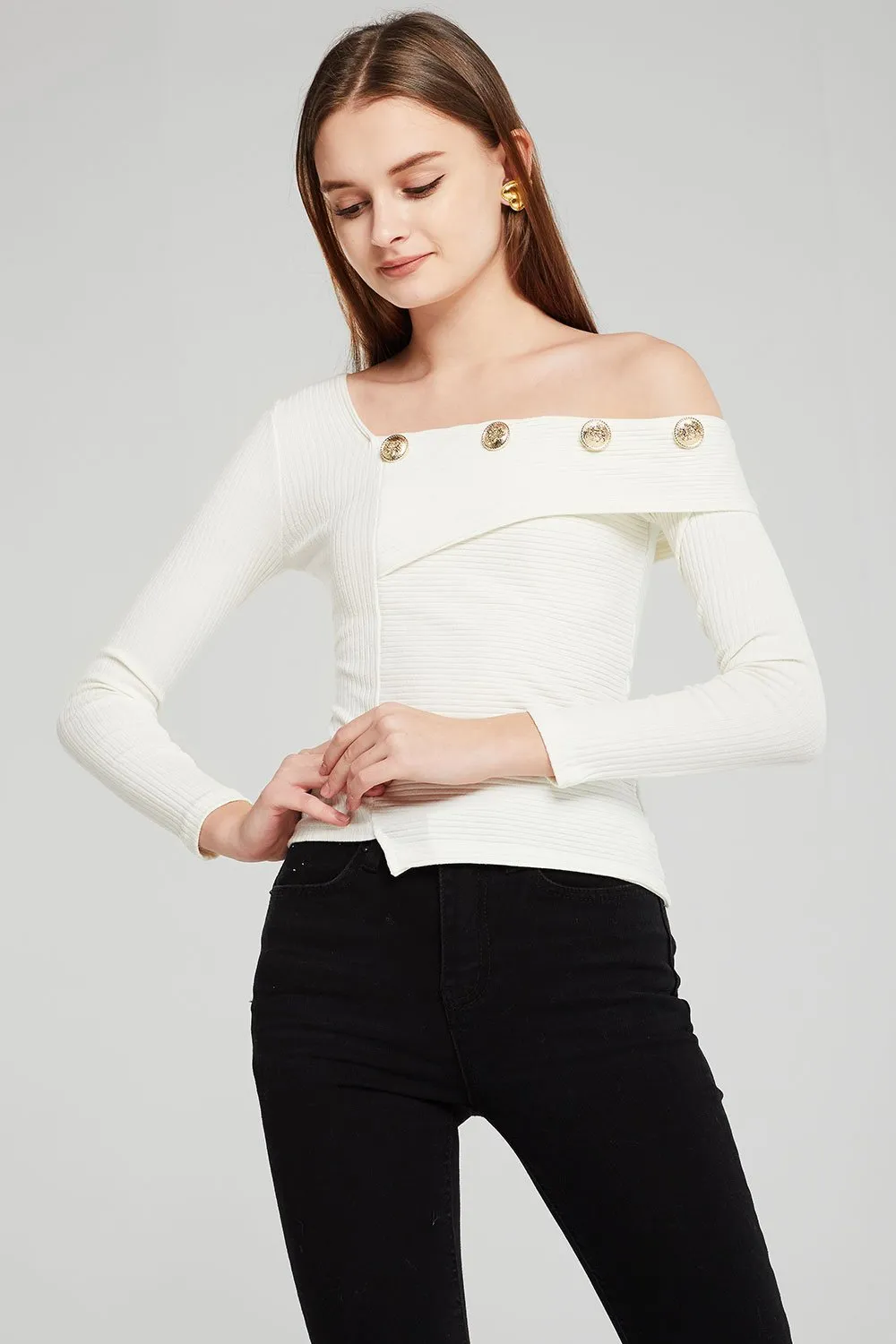 Emory Asymmetric Neck Ribbed Top