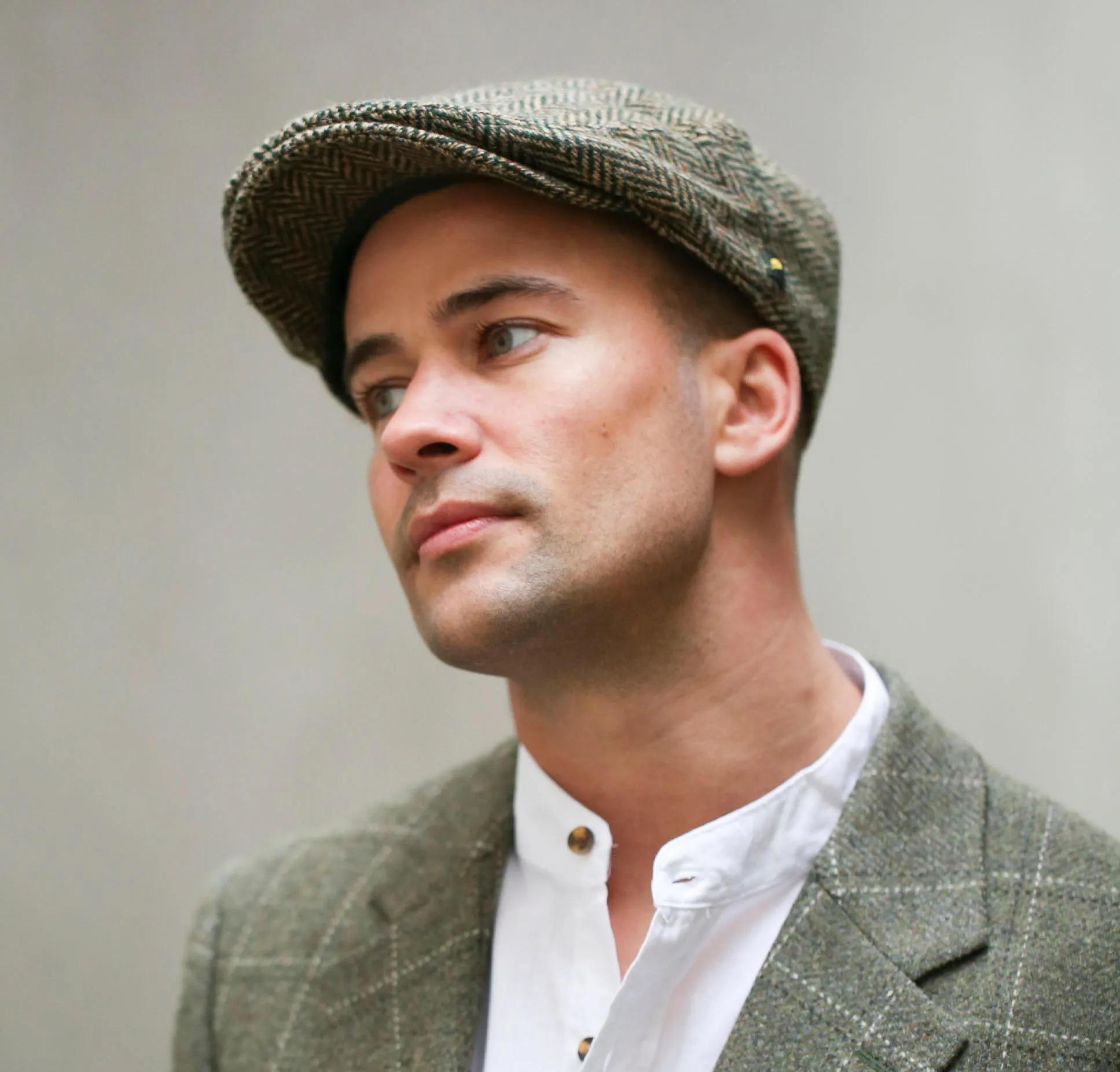 Flat Cap, Olive Green Herringbone