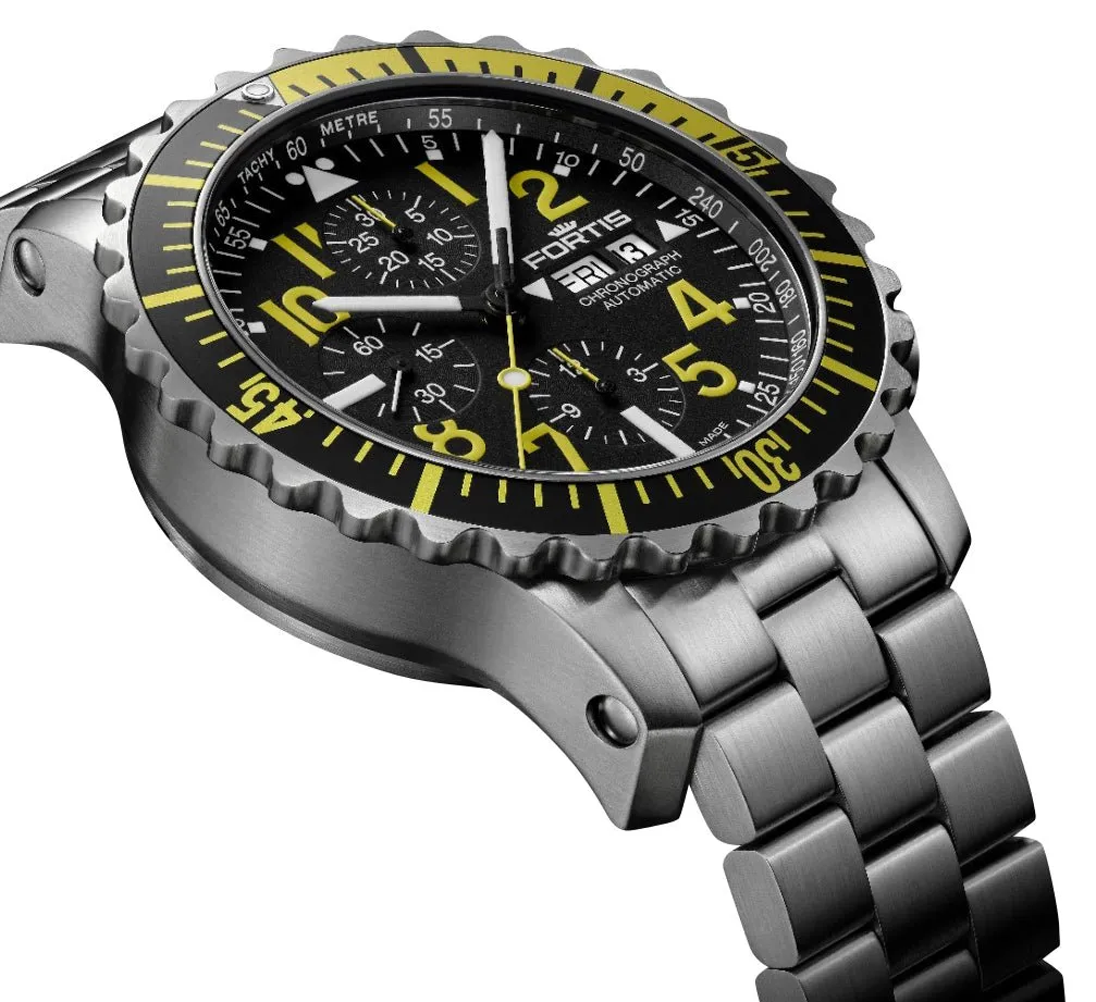 Fortis Marinemaster Yellow Automatic Chronograph Stainless Steel Black Dial Day/Date Divers Mens Watch F8140001