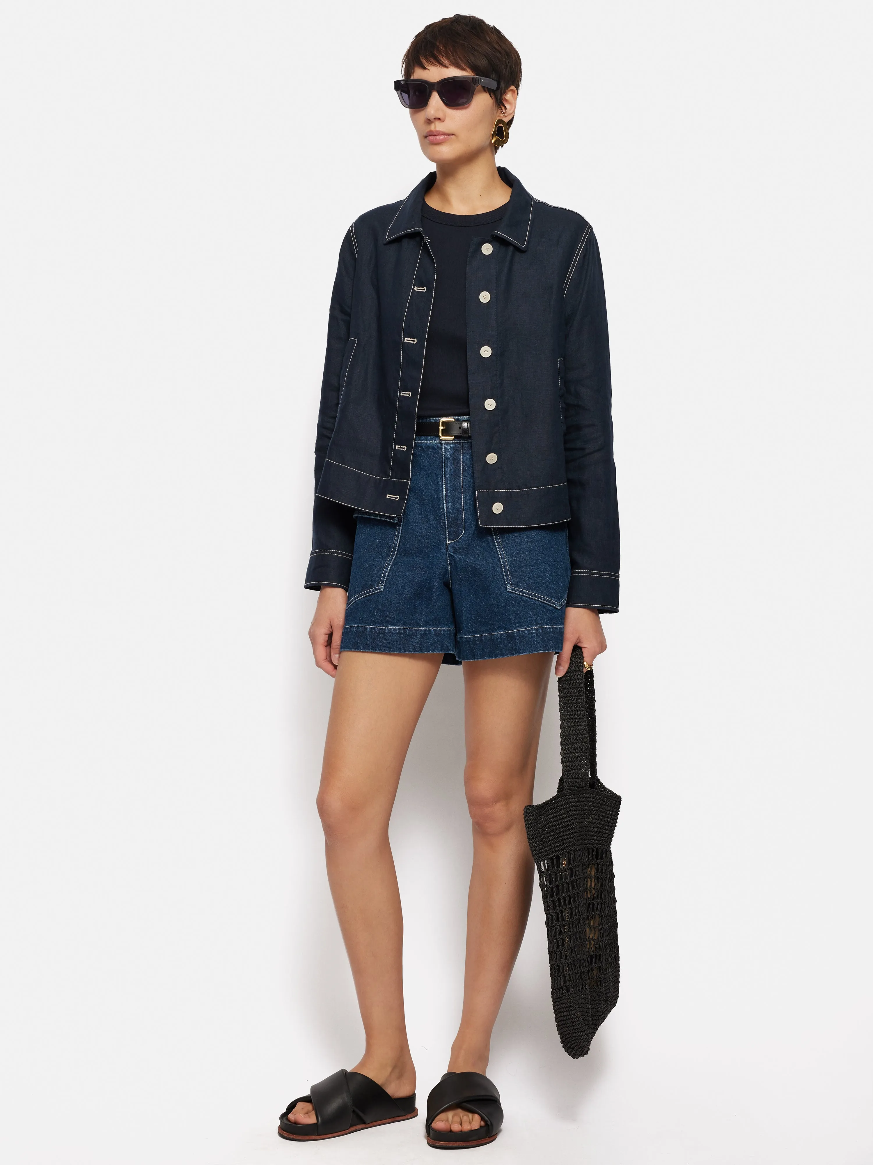 French Linen Cropped Jacket | Navy