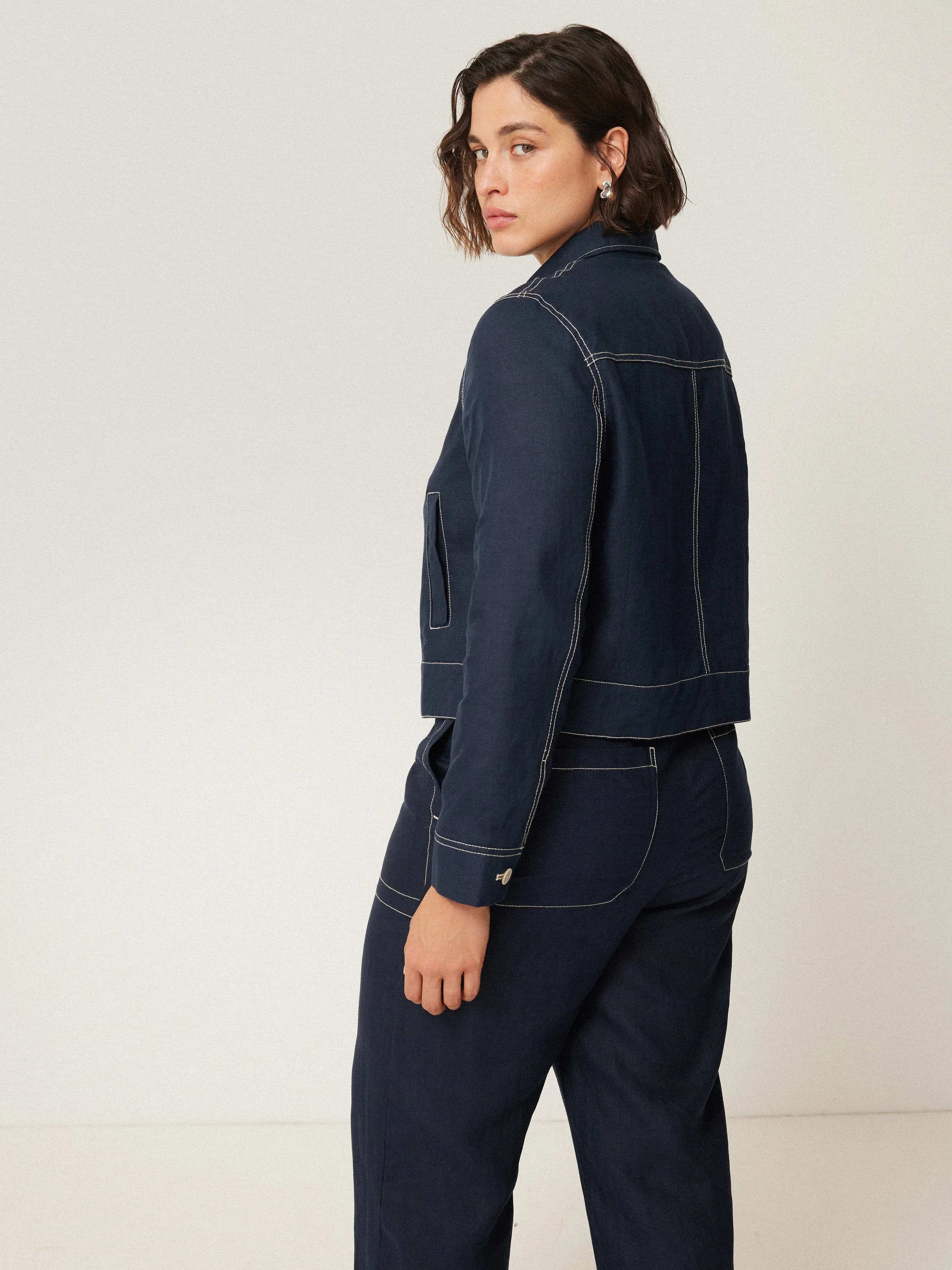 French Linen Cropped Jacket | Navy