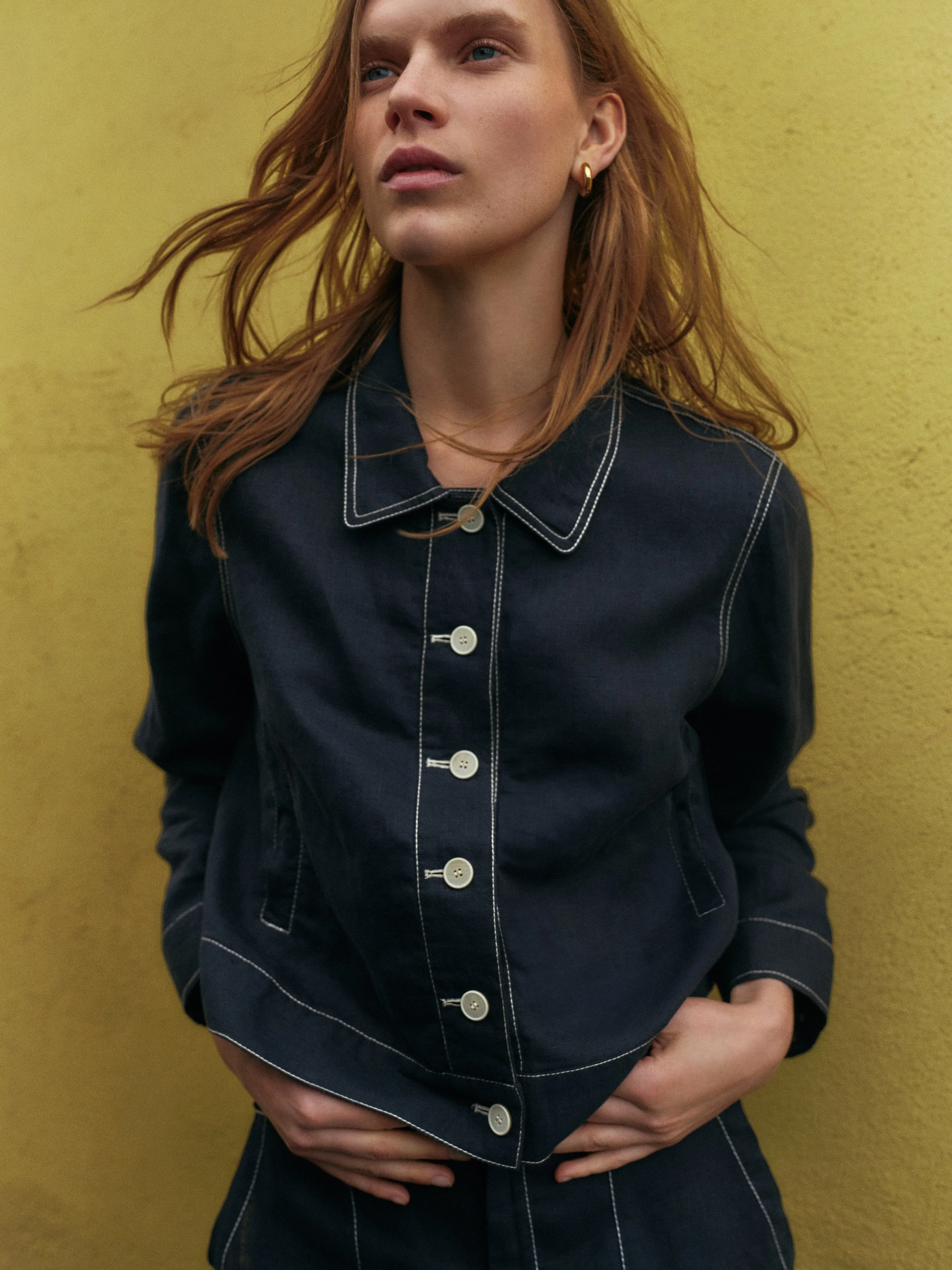 French Linen Cropped Jacket | Navy