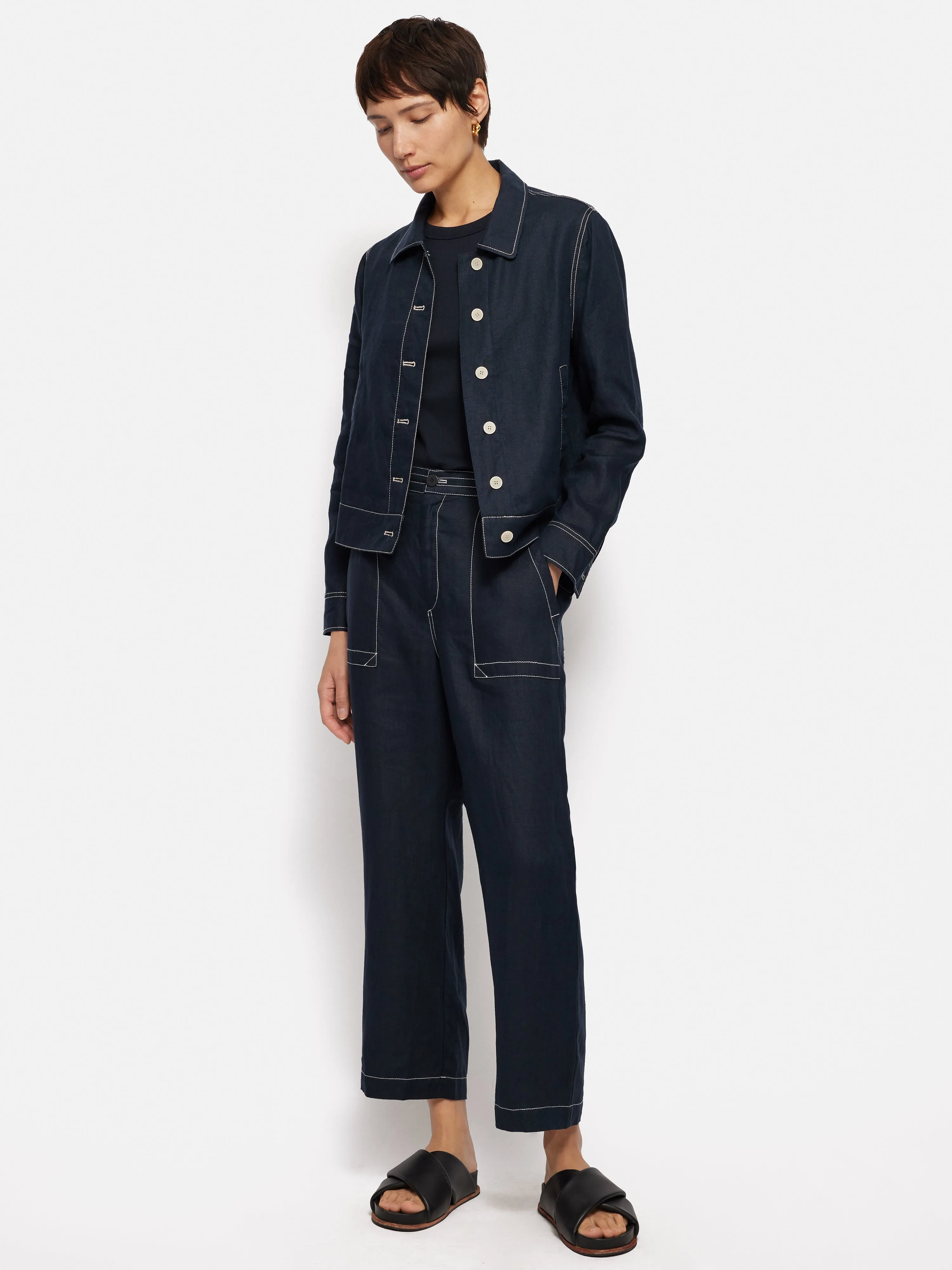 French Linen Cropped Jacket | Navy