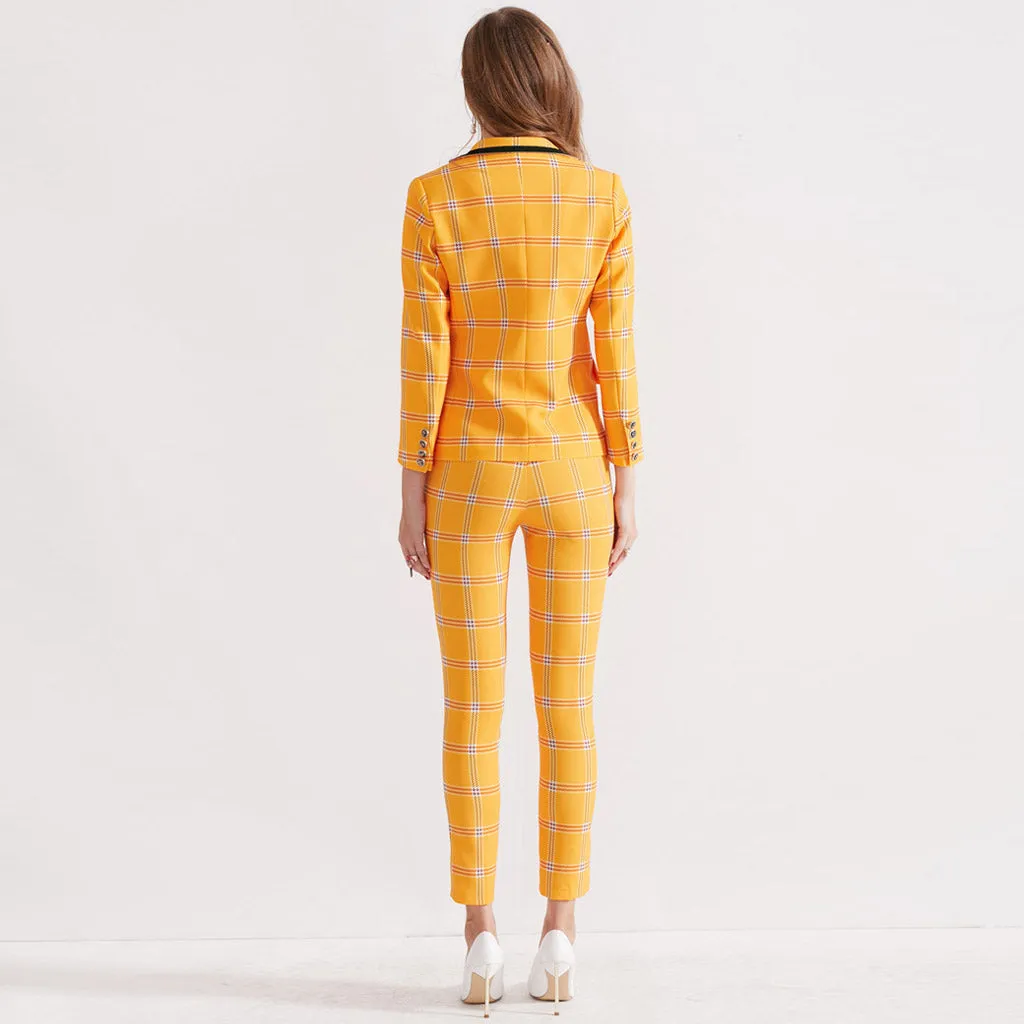 Fresh Checked Long Sleeve Collared Blazer Matching Set - Yellow