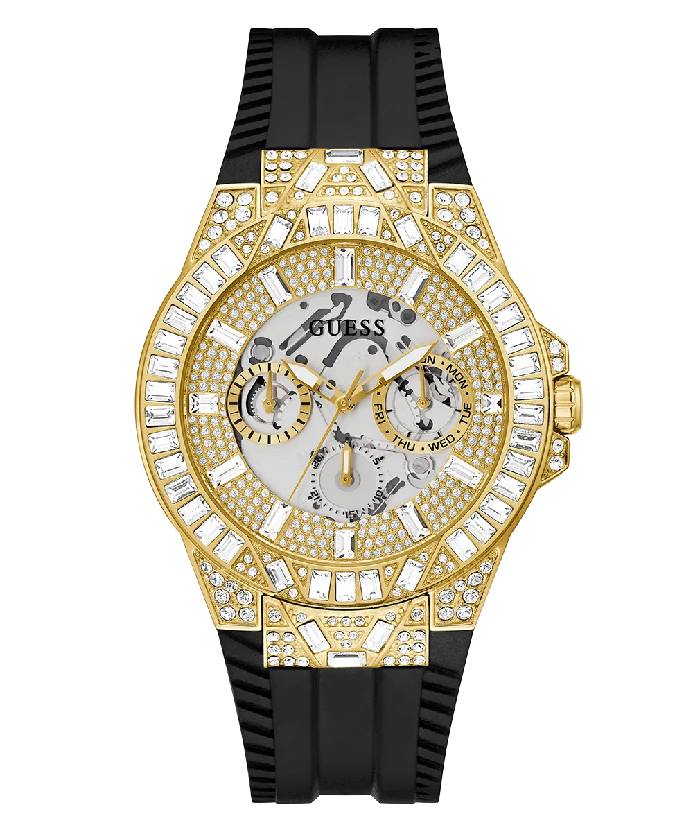 GUESS Mens Black Gold Tone Multi-function Watch