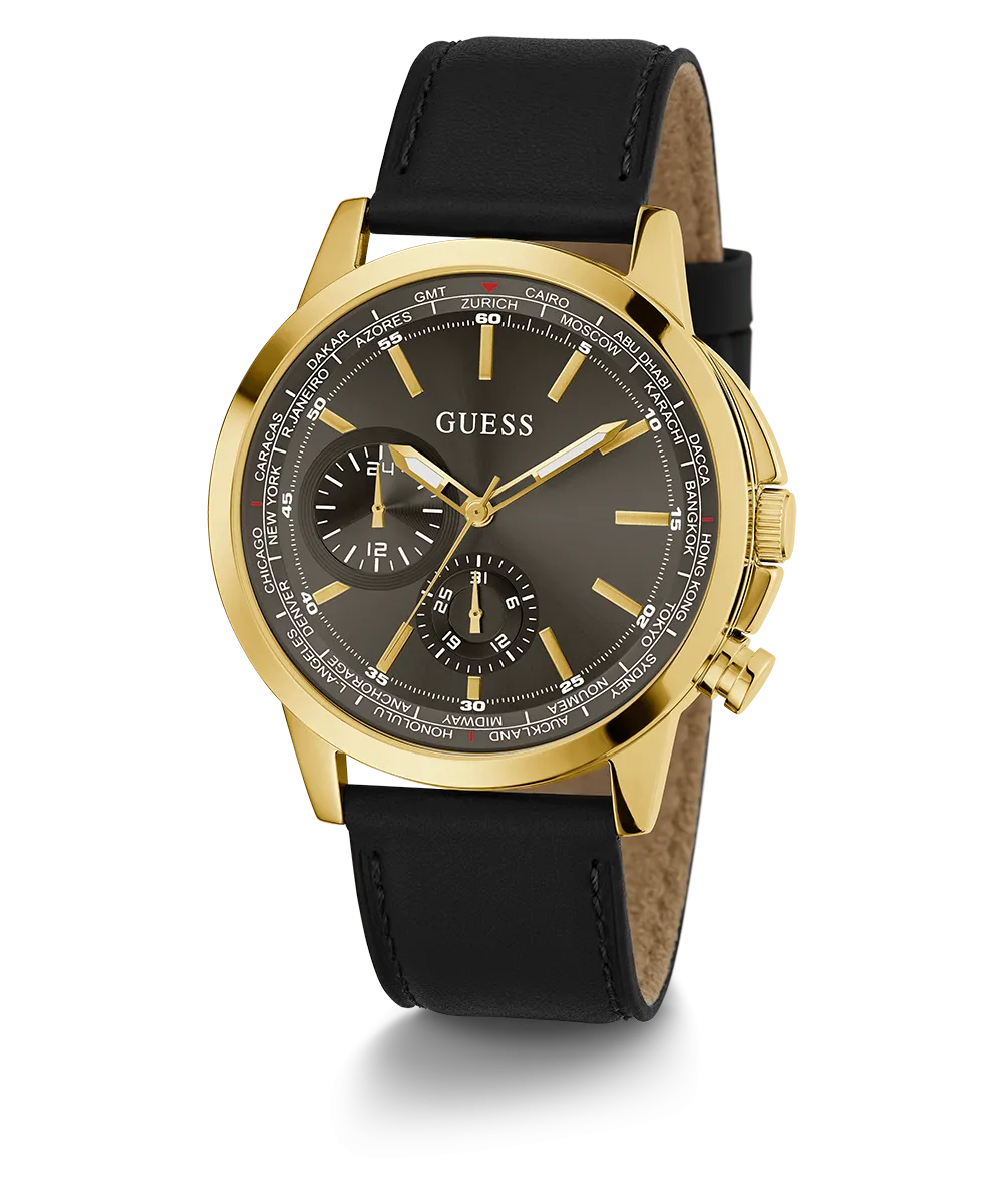 GUESS Mens Black Gold Tone Multi-function Watch