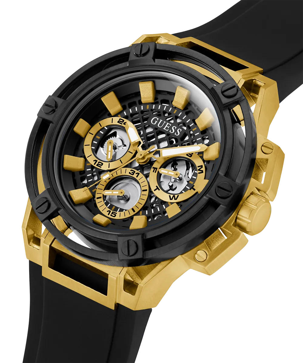 GUESS Mens Black Gold Tone Multi-function Watch