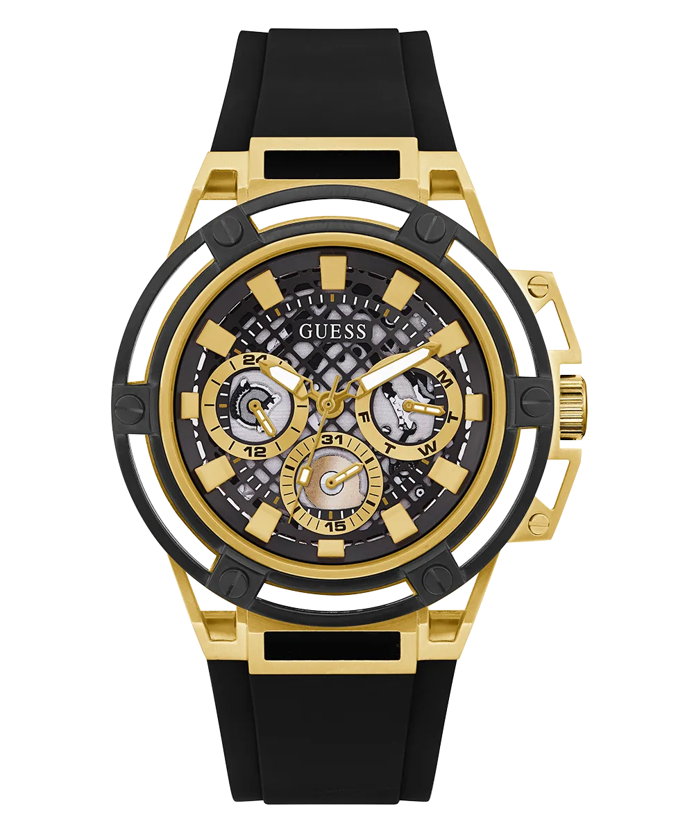 GUESS Mens Black Gold Tone Multi-function Watch