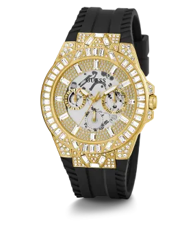 GUESS Mens Black Gold Tone Multi-function Watch