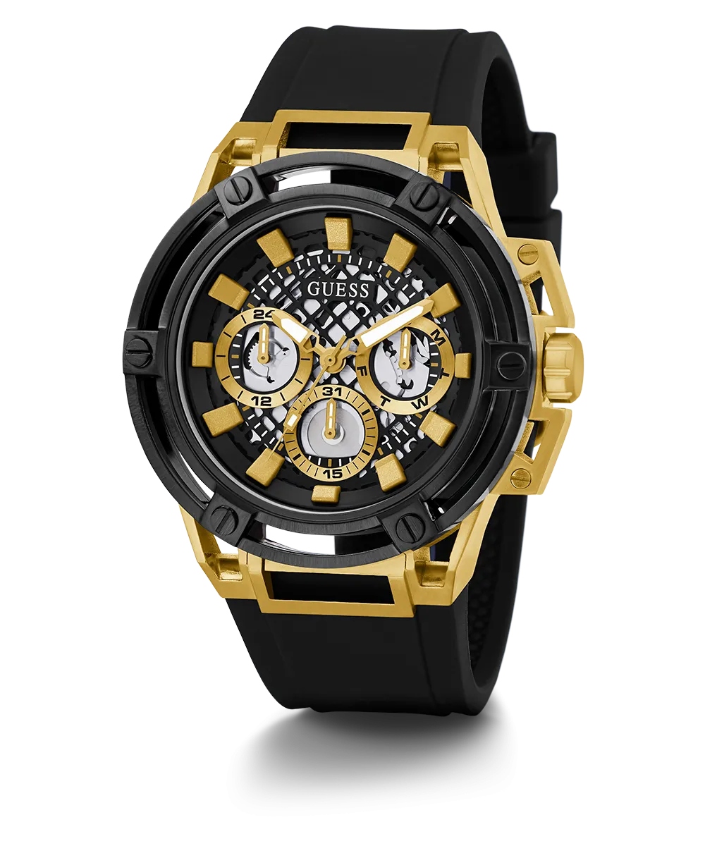 GUESS Mens Black Gold Tone Multi-function Watch