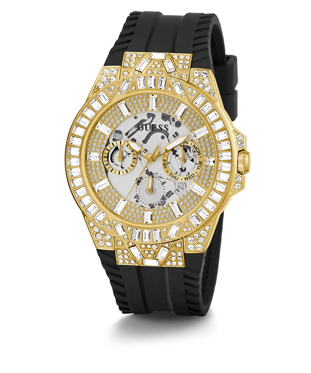 GUESS Mens Black Gold Tone Multi-function Watch