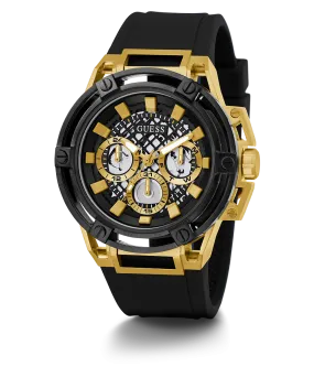 GUESS Mens Black Gold Tone Multi-function Watch